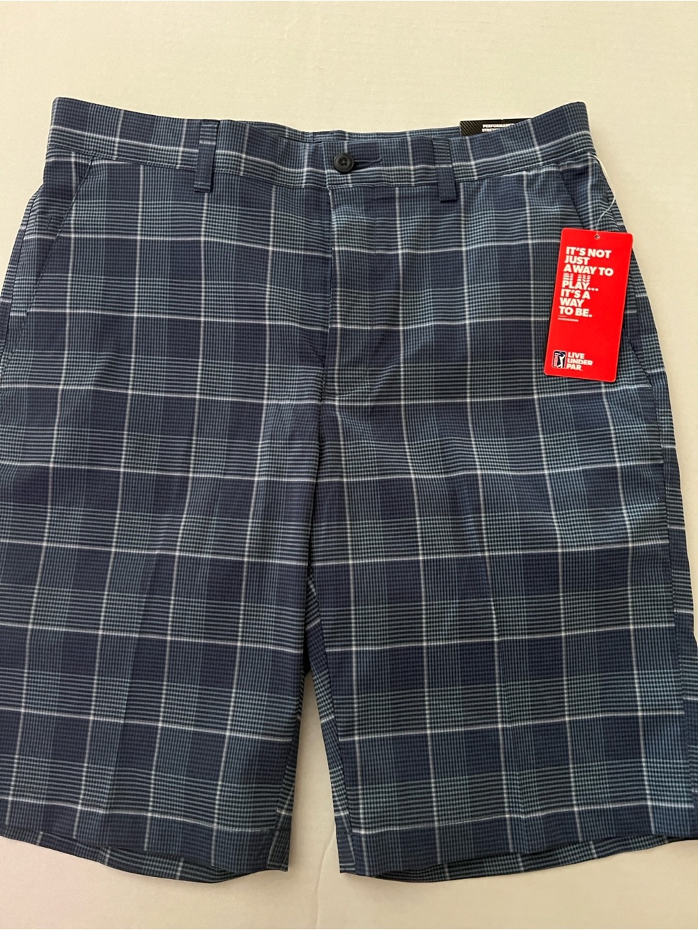 PGA Tour Blue Plaid Flat Front Golf Shorts
